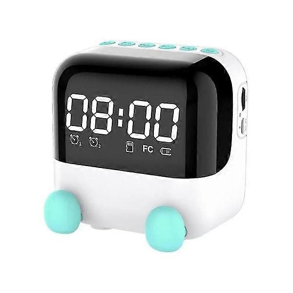 Kids Cartoon Alarm Clock Bluetooth Speaker Led Table Clock Bluetooth Rechargeable Mini Alarm Clock Bass Music Player（WHITE)