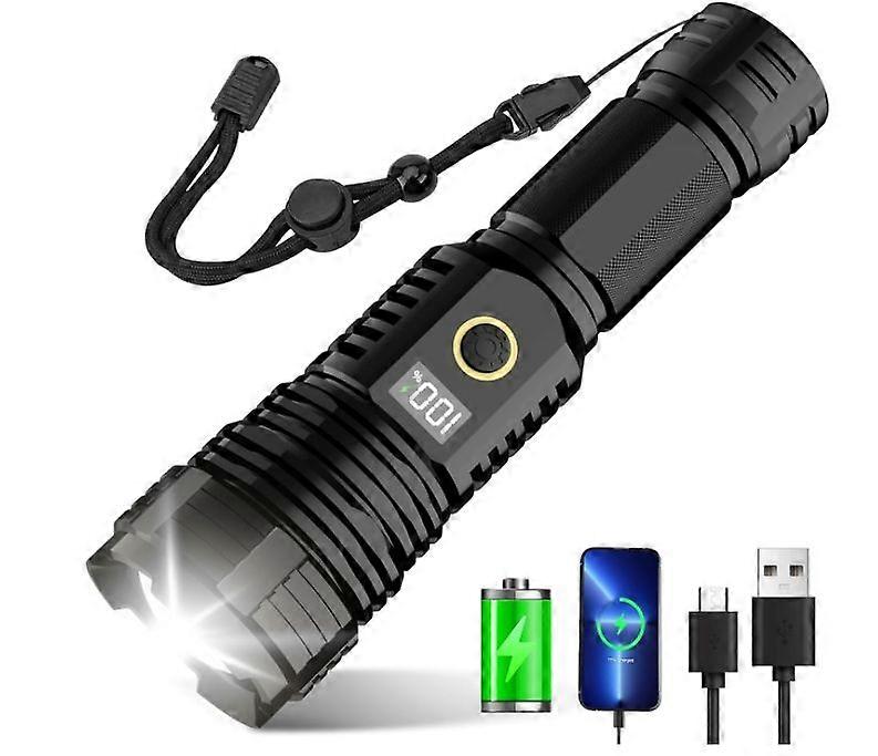 Super Bright Flashlight with LCD Digital Display, Zoom, 5 Modes, IPX7 Waterproof, Tactical Flashlight for Emergencies, Camping(Black)