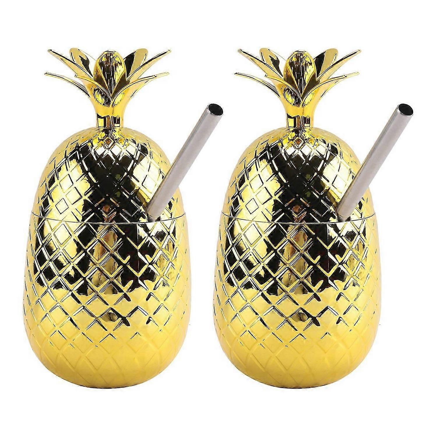 2Pc Pineapples Drink Cups, 450Ml Gold Pineapples Tumbler with Straw