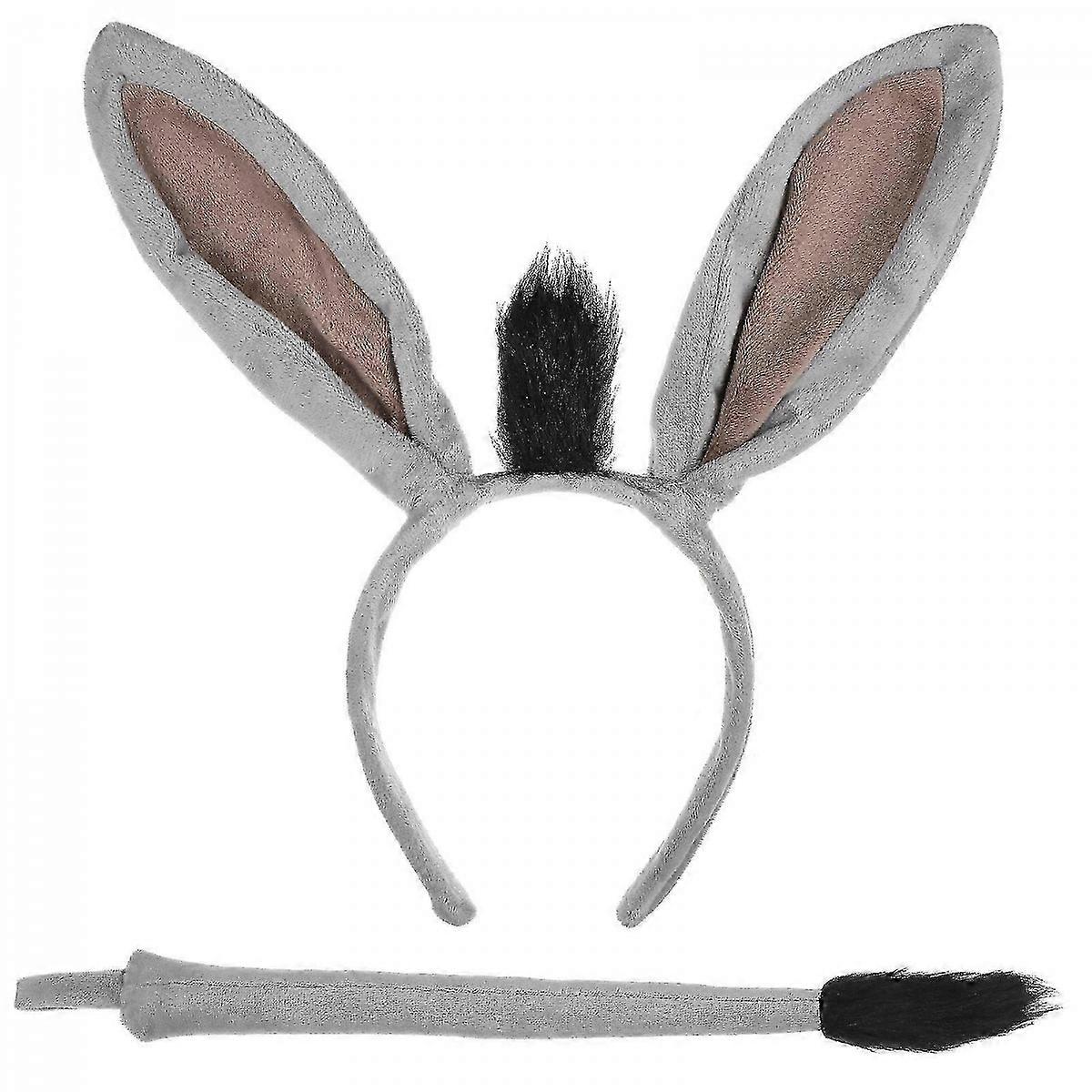 Cosplay Donkey Ears Headband with Plush Tail Set for Halloween, Grey