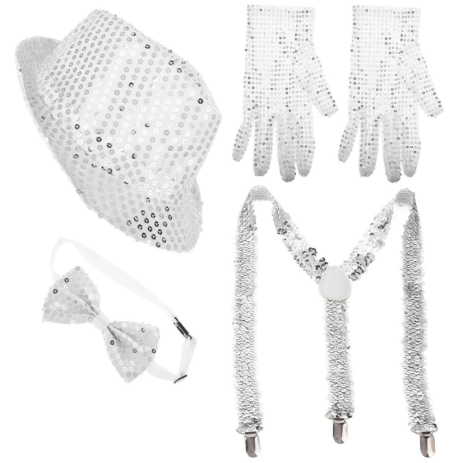 Western Sequin Hat Fedora Hat for Party 2Pcs Silver Shining Sequin Set