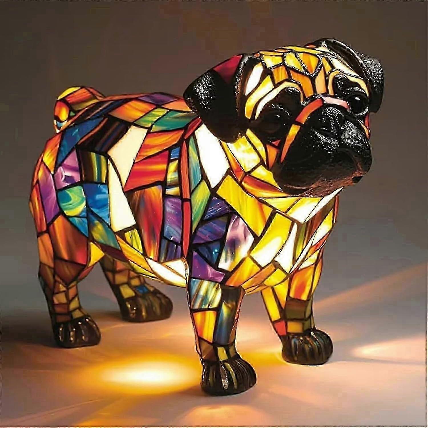 ステンドグラス犬用LEDテーブルランプ - パグ&フレンチブルドッグ 