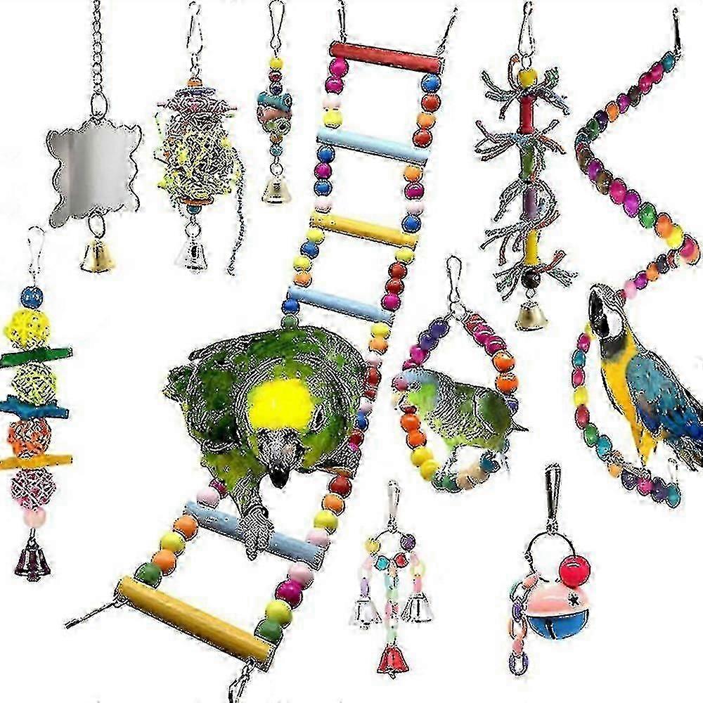 10個のオウムのおもちゃセット、はしご&ベル、カラフルなボール