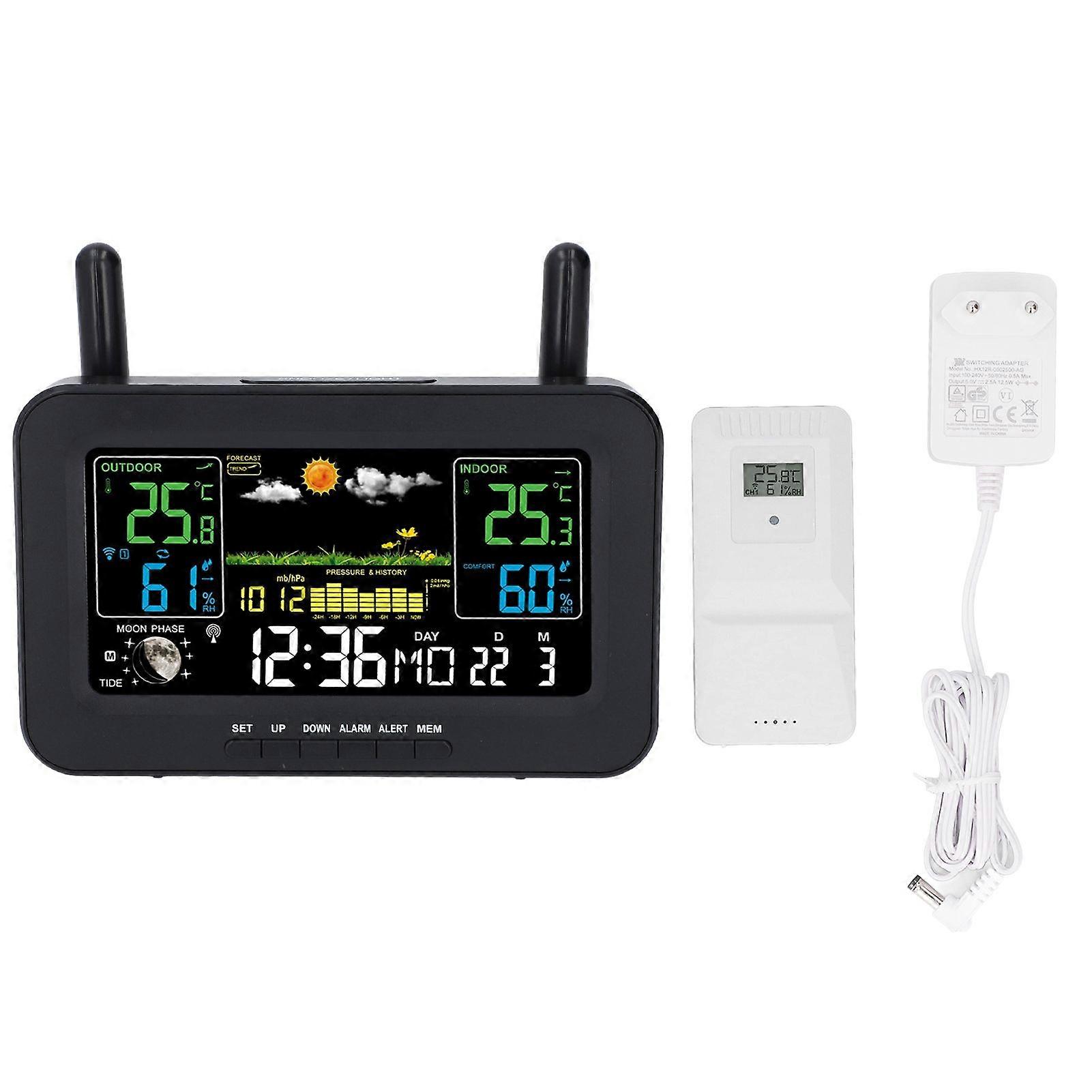 Indoor Outdoor Weather Wireless Station Thermometer Color Display Digital Temperature Humidity Sensor Weather Forecast Station EU Plug Black