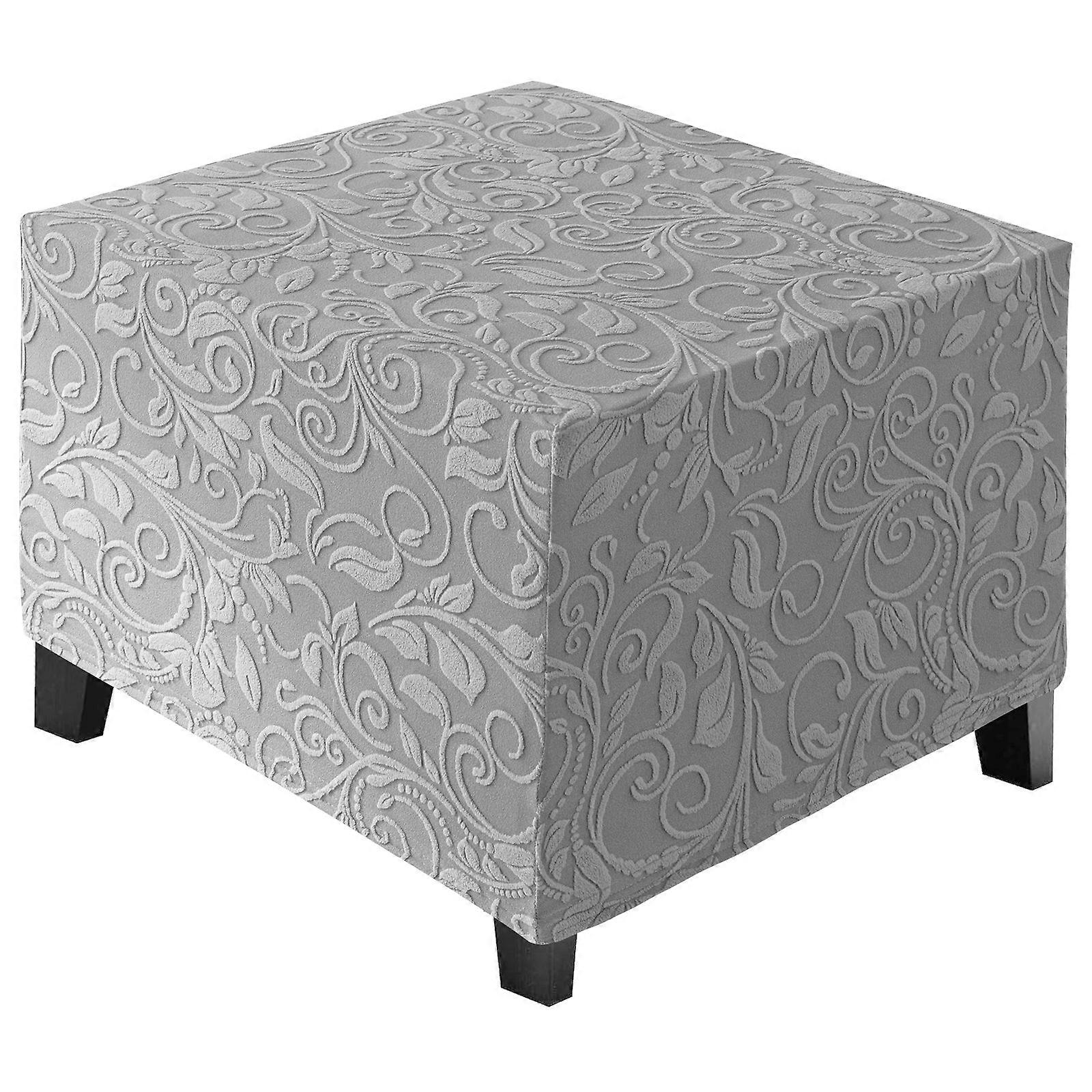 Stretch Square Ottoman Cover Jacquard Embroidery  Folding Storage Stool Furniture Protector Soft Rectangle Slipcover With Elastic Bottom ,grey