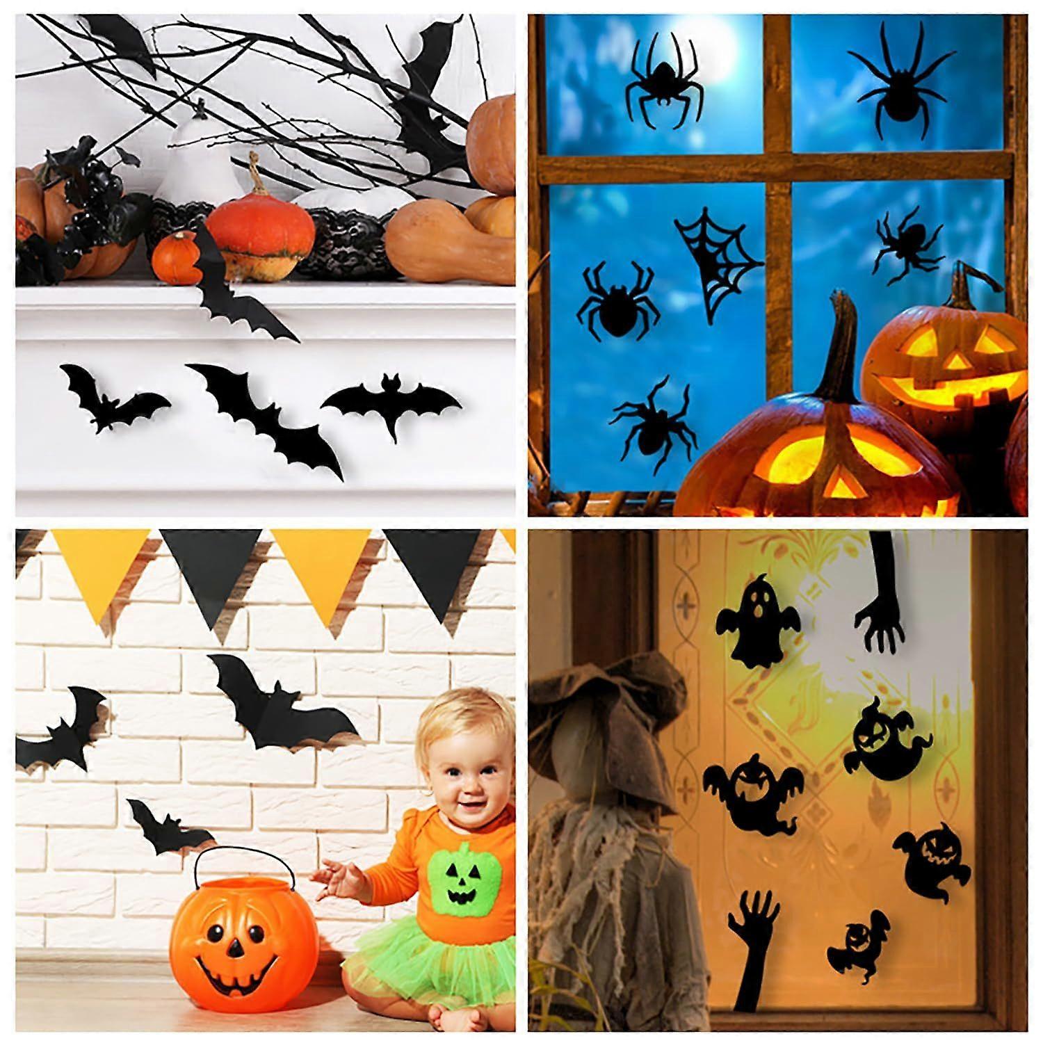 Halloween Window Clings Stickers - 3D Stereoscopic Black Bat, Spider, Ghost Designs, Double - Sided Static Decals for Festival Decor, Perfect for Hall
