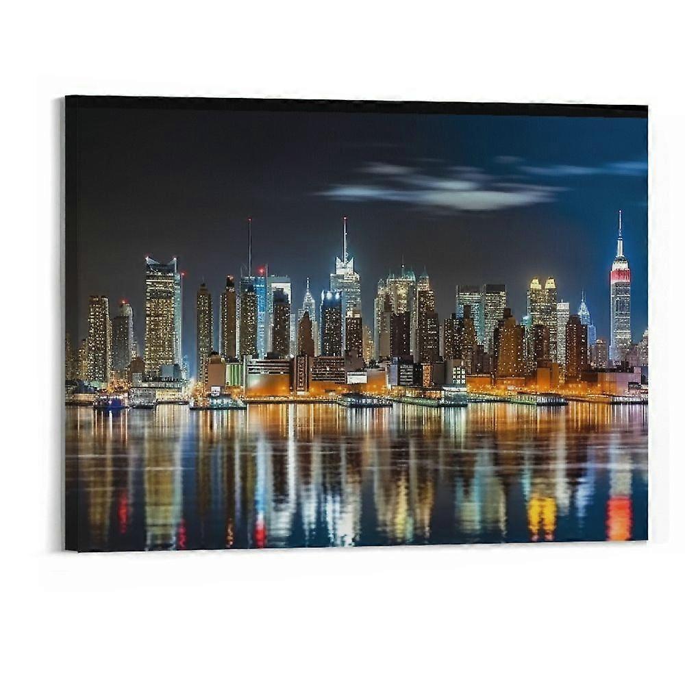 Illuminated Manhattan New York   - Premium Canvas Print - Art Print on  Wooden Stretcher Frame for Bedroom and Living Room Print on Canvas, Multi-Colo