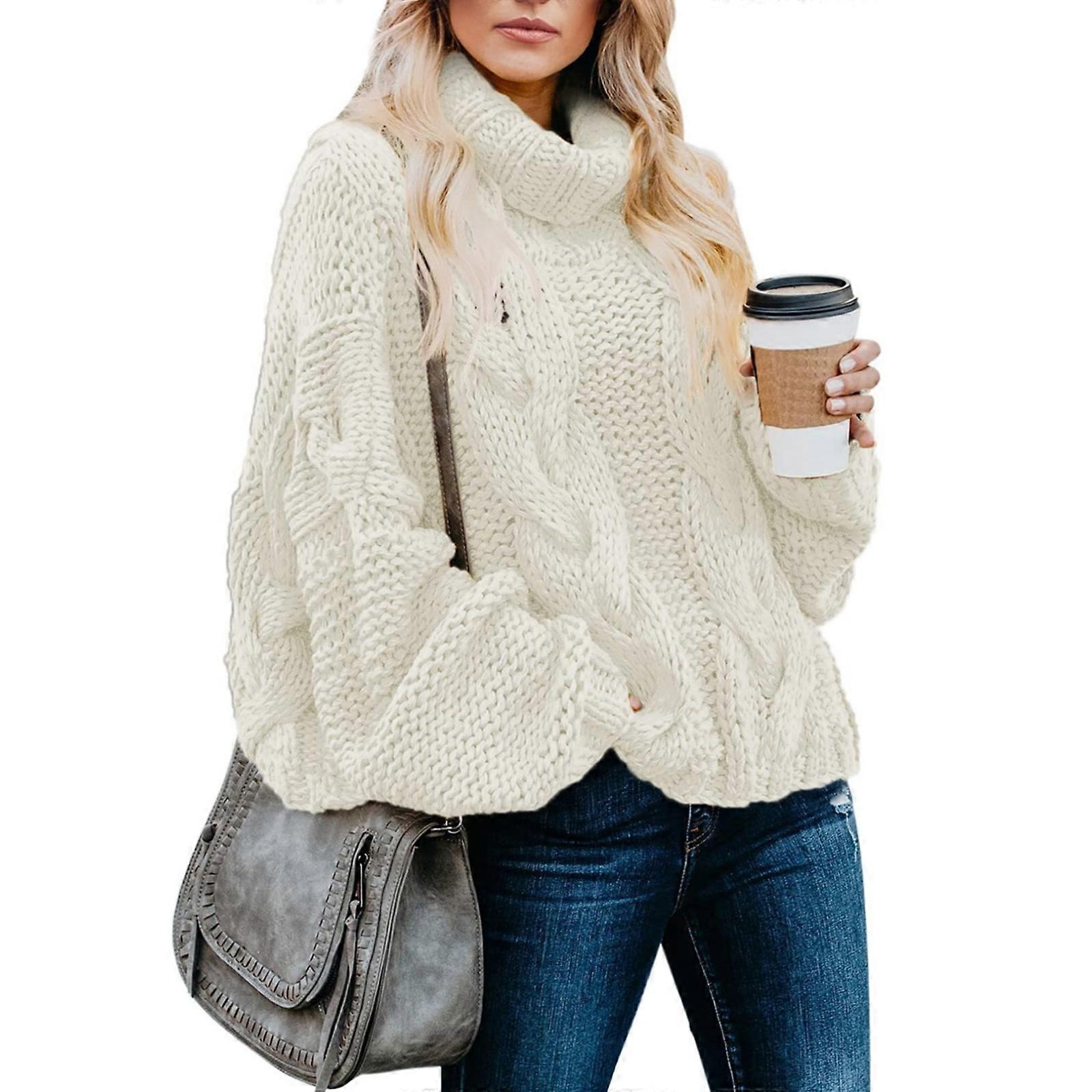 Women's Solid Color Turtleneck Lantern Sleeve Long Sleeve Sweater Pullover  White XL
