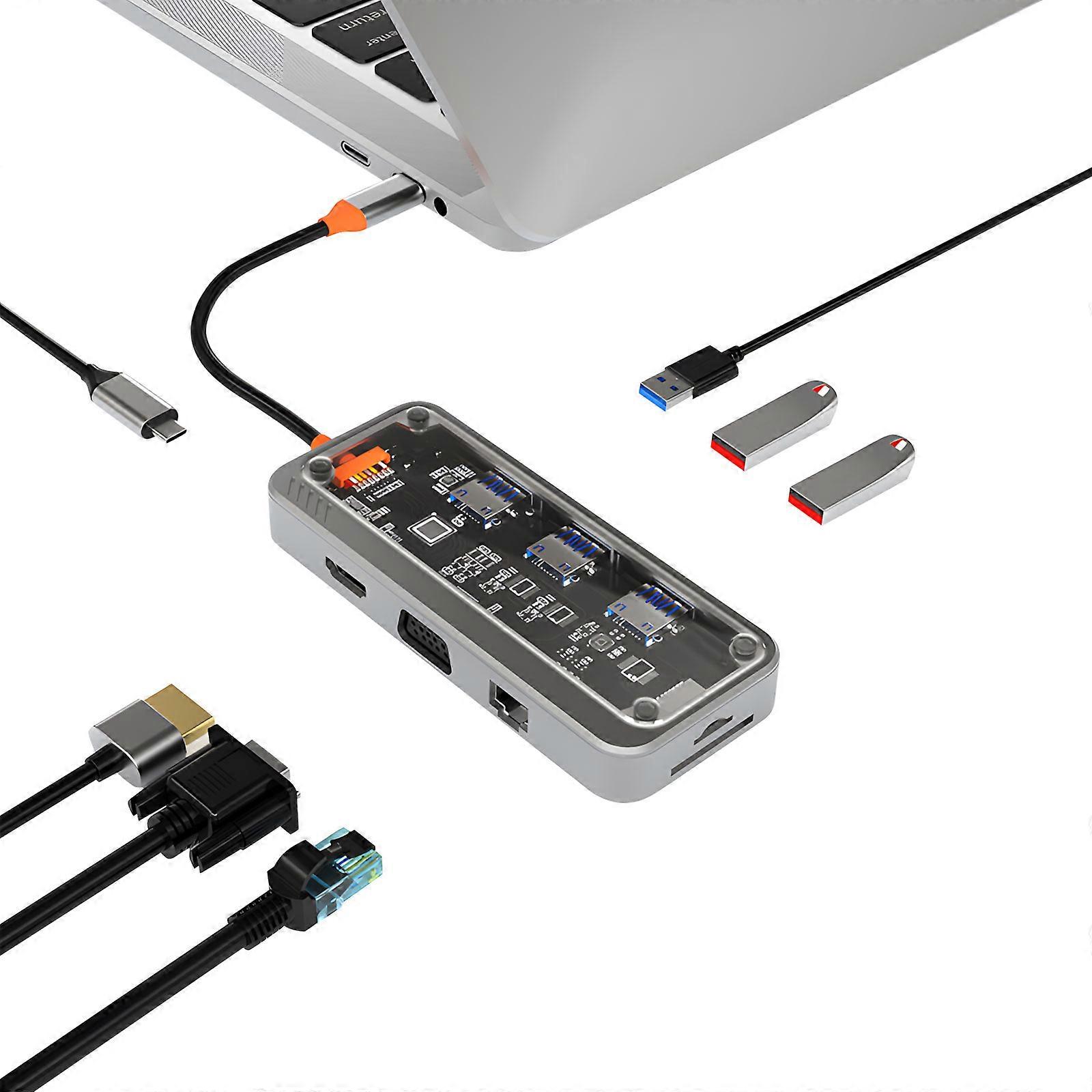 USB C to HDTV Adapter 10 Port Expansion Dock With RJ45 Ethernet VGA 3.5mm USB3.0 Data Transfer TF Card Reader 100W Multicolor