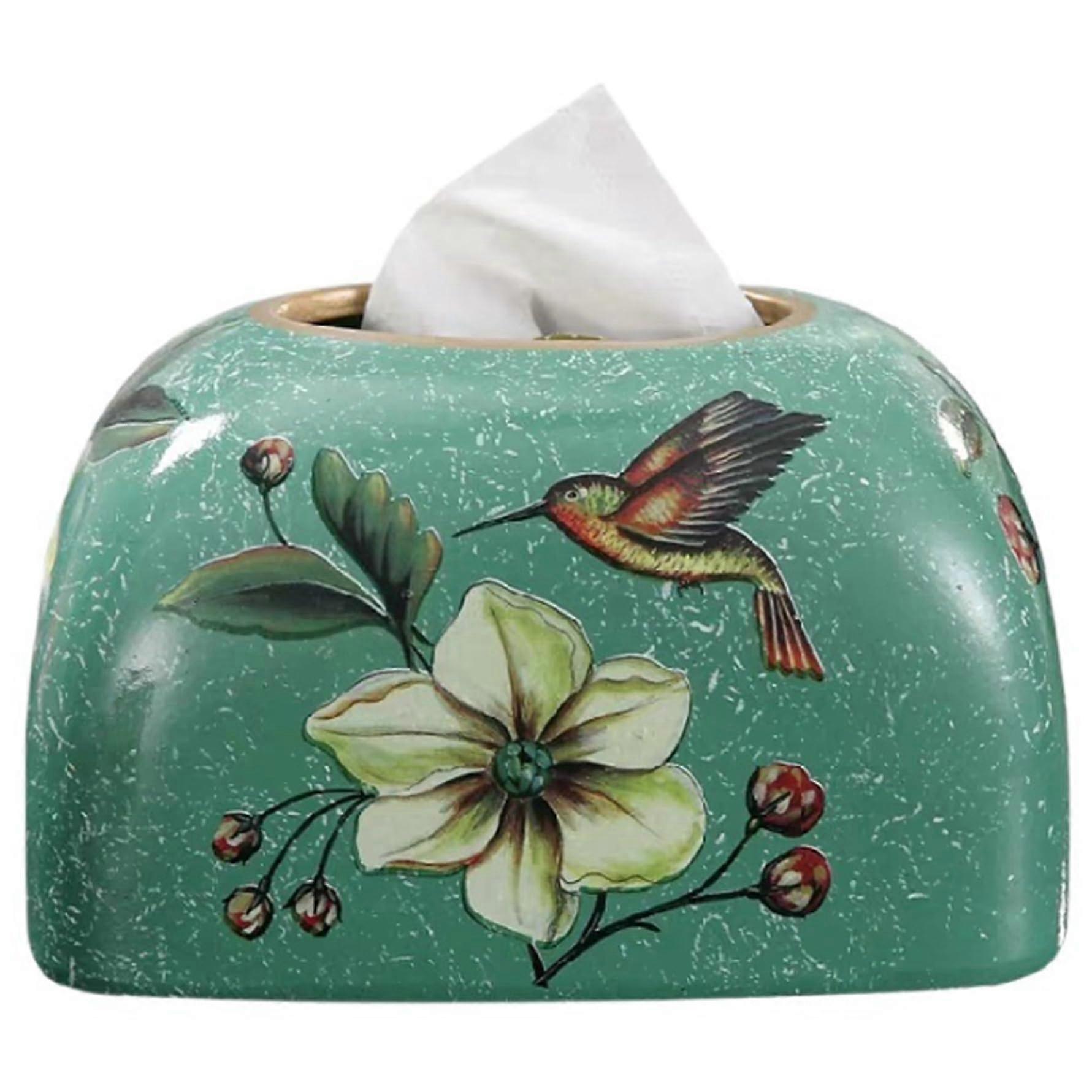 Ceramic Tissue Box Cover with Bird and Flower Design, Open Bottom Paper Holder for Home Decor