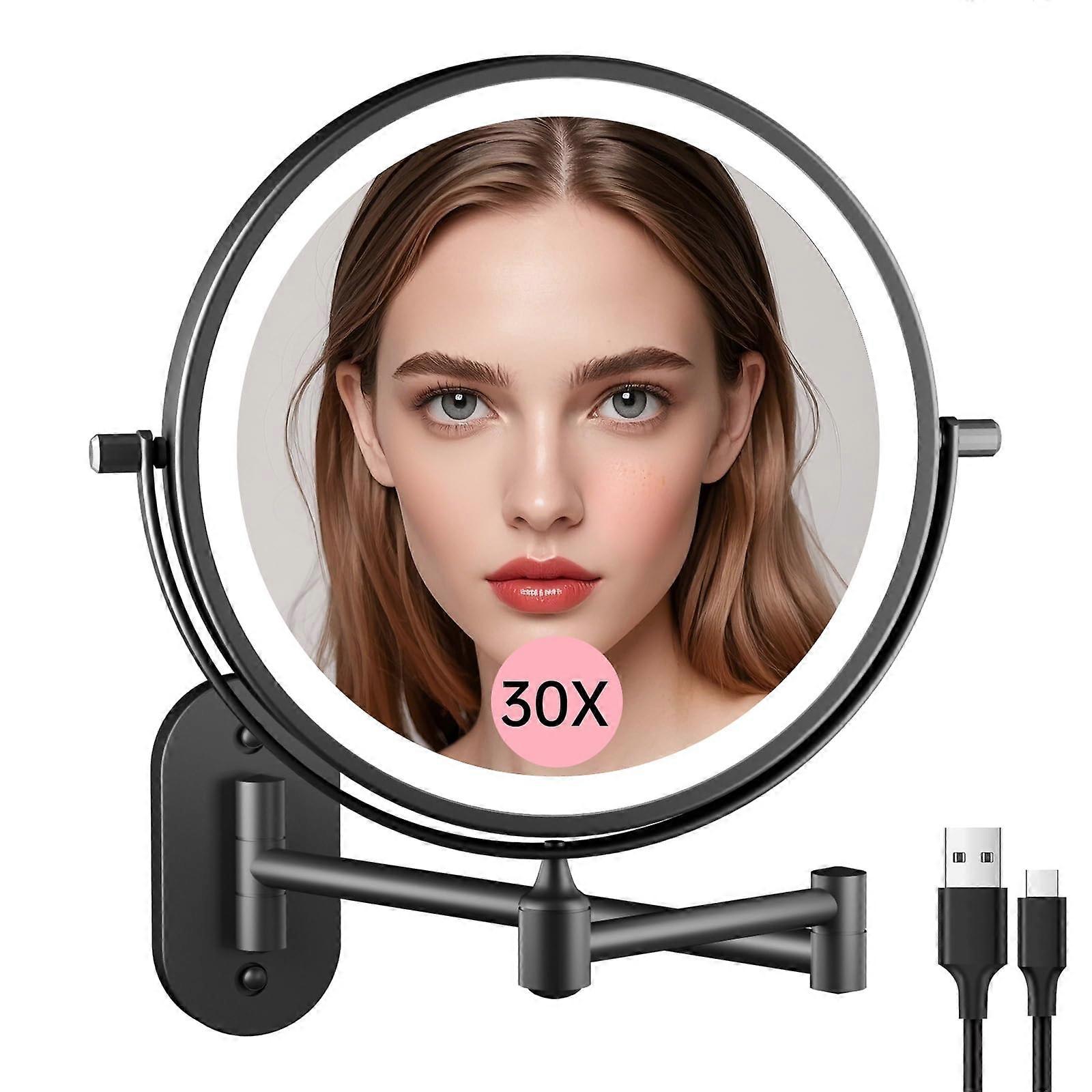 Rechargeable Wall Mounted Makeup Mirror 8' Double Sided 1X 30X, 3 Color Touch Light, Adjustable, 360° Foldable Arm, Black