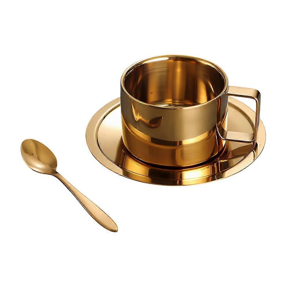 200ML 304Stainless Steel Coffee Cup Double Layer Milk Cup and Saucer Set with Tray and Handle, Easy to Clean C