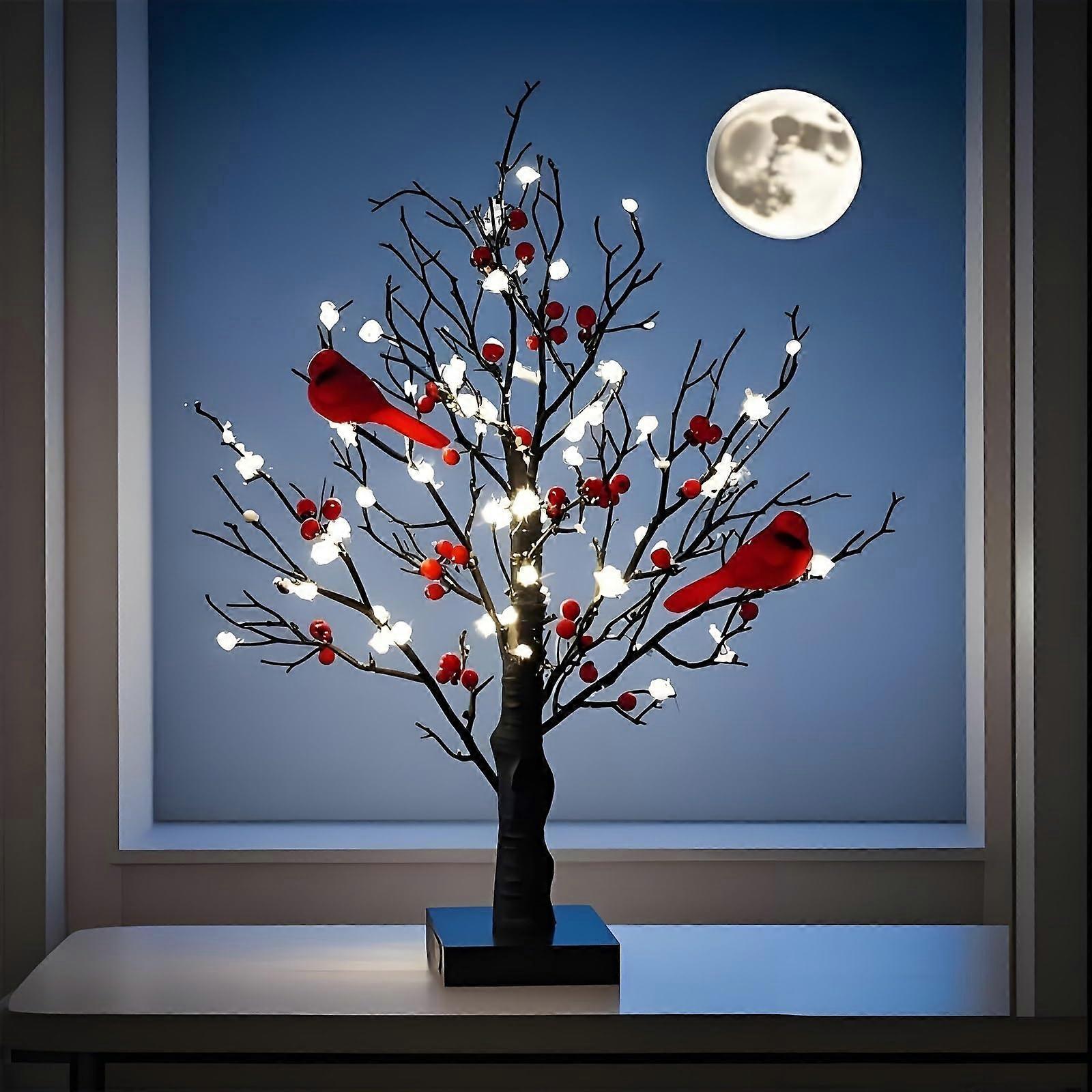 LED Birch Tree Light with Red Birds and Berries, Vintage Christmas Tree Decor for Holiday Tabletop