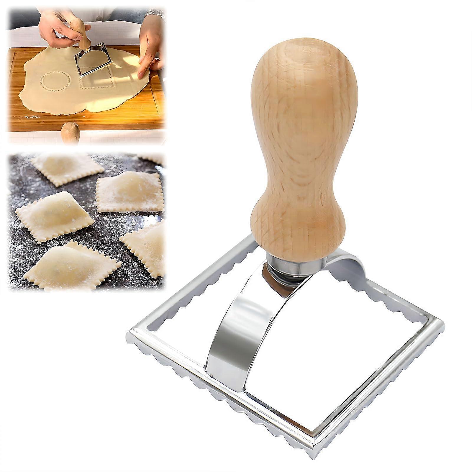 Ravioli Cutter with Wooden Handle, Fluted Edge Stamp for Uniform Pasta Shapes, Square Design