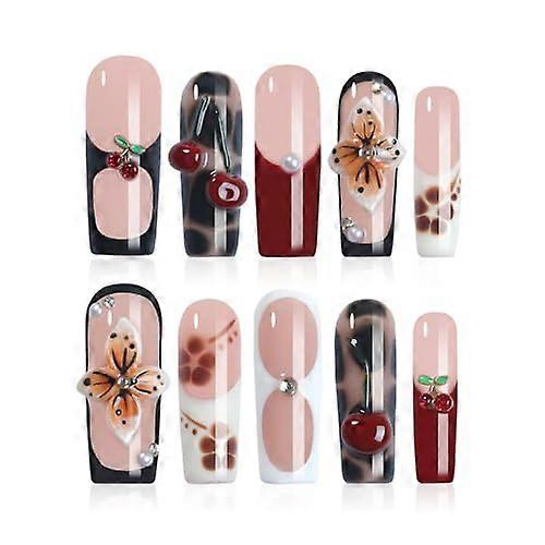 Press On Nails with 3D Flowers and Cherries, Leopard Print Square False Nails, Handmade and Reusable