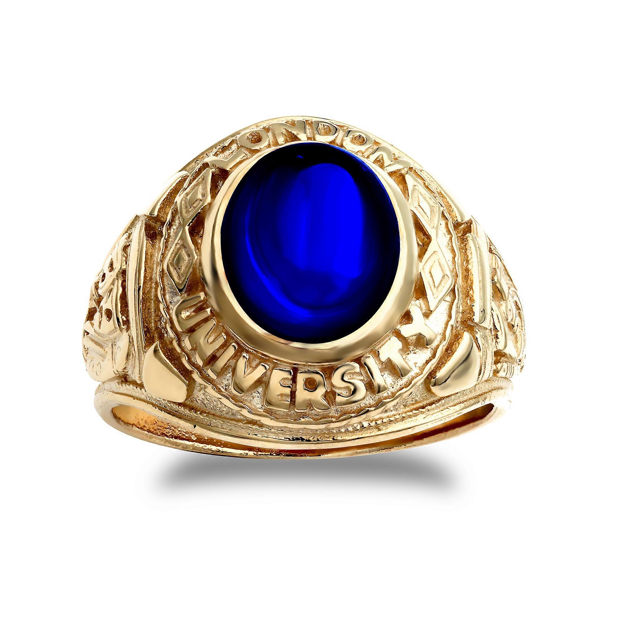 Jewelco London Gold-Plated Silver Blue Oval Cabochon CZ Solitaire London University College Graduation Class Ring