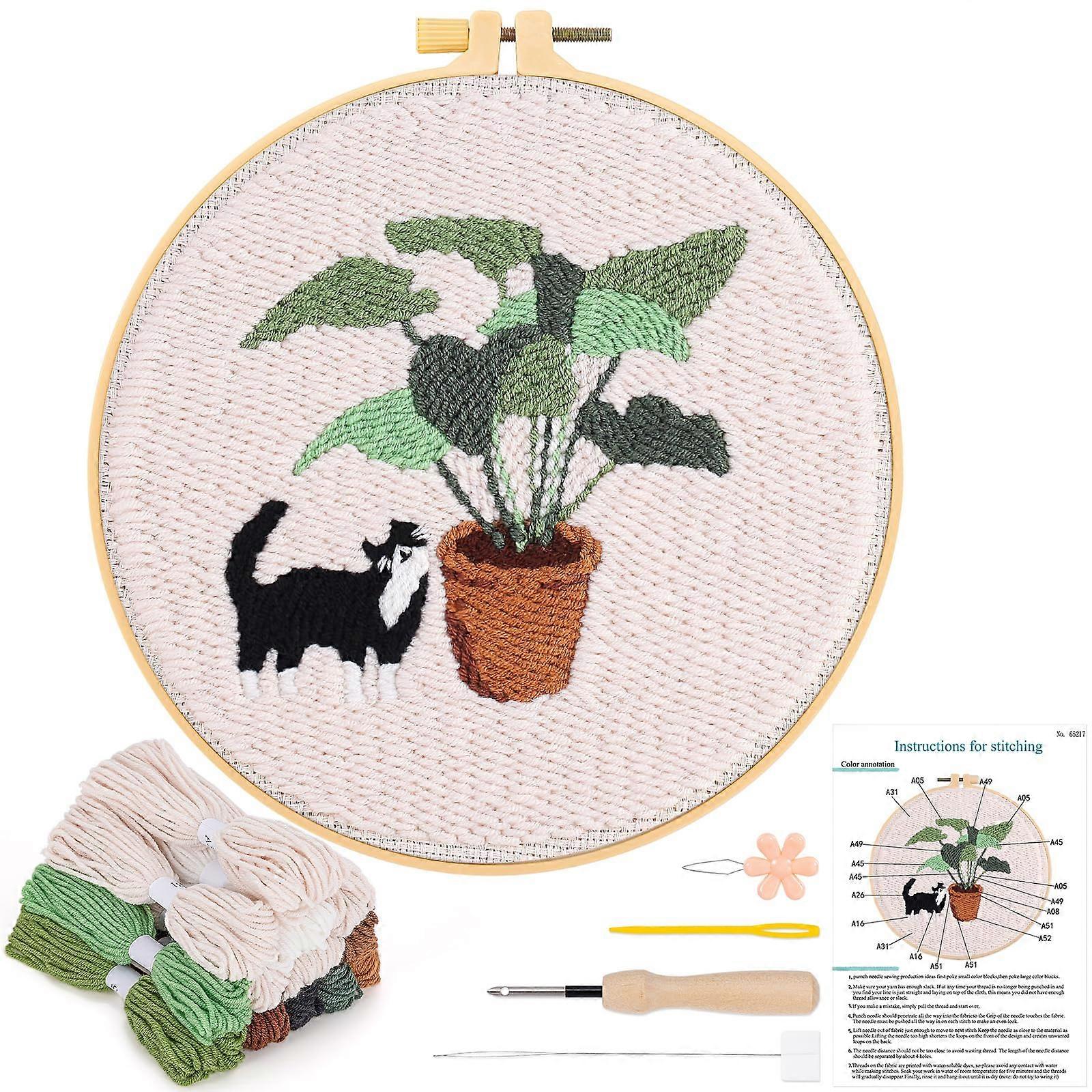 Punch Needle Embroidery Kit for Beginners with Hoop, Threads and Cute Cat Pattern Design