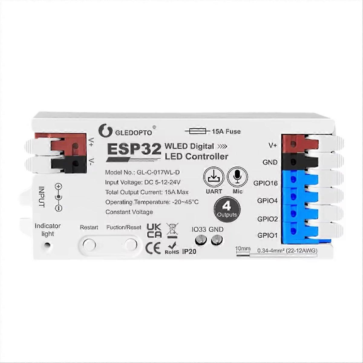  ESP32 WLED Controller with 4 Outputs Fuse Mic Lights White