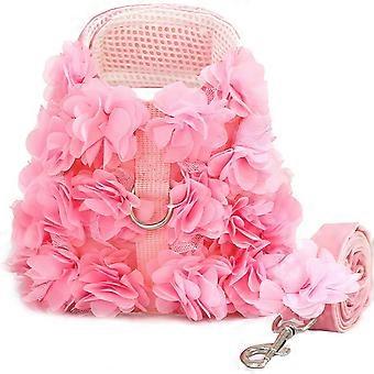 Cute Small Dog Harness and Leash Set Pink Lace Floral Girl Puppy Harness for Small Dogs Cats Soft Mesh Small Sized Dog Vest Harness Escape Proof Pet C