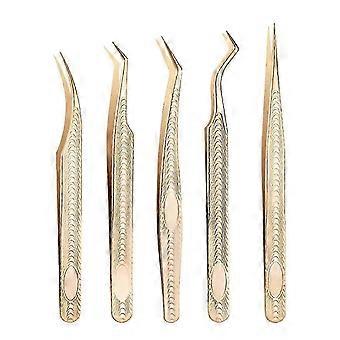 5Pcs Eyelash Extension Tweezers Stainless Steel Precision Tweezers Straight Carved Fiber Tip Lash Tweezers Professional Beginner Women Eye Makeup Tool