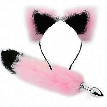 Complete Couple Cosplay Set Fox Metal Plug Tail with Hairpin Pink and Black