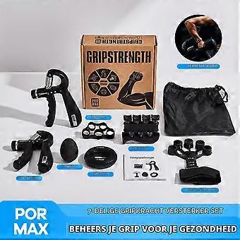 7-piece grip strength training set, including adjustable forearm resistance grips and accessories.