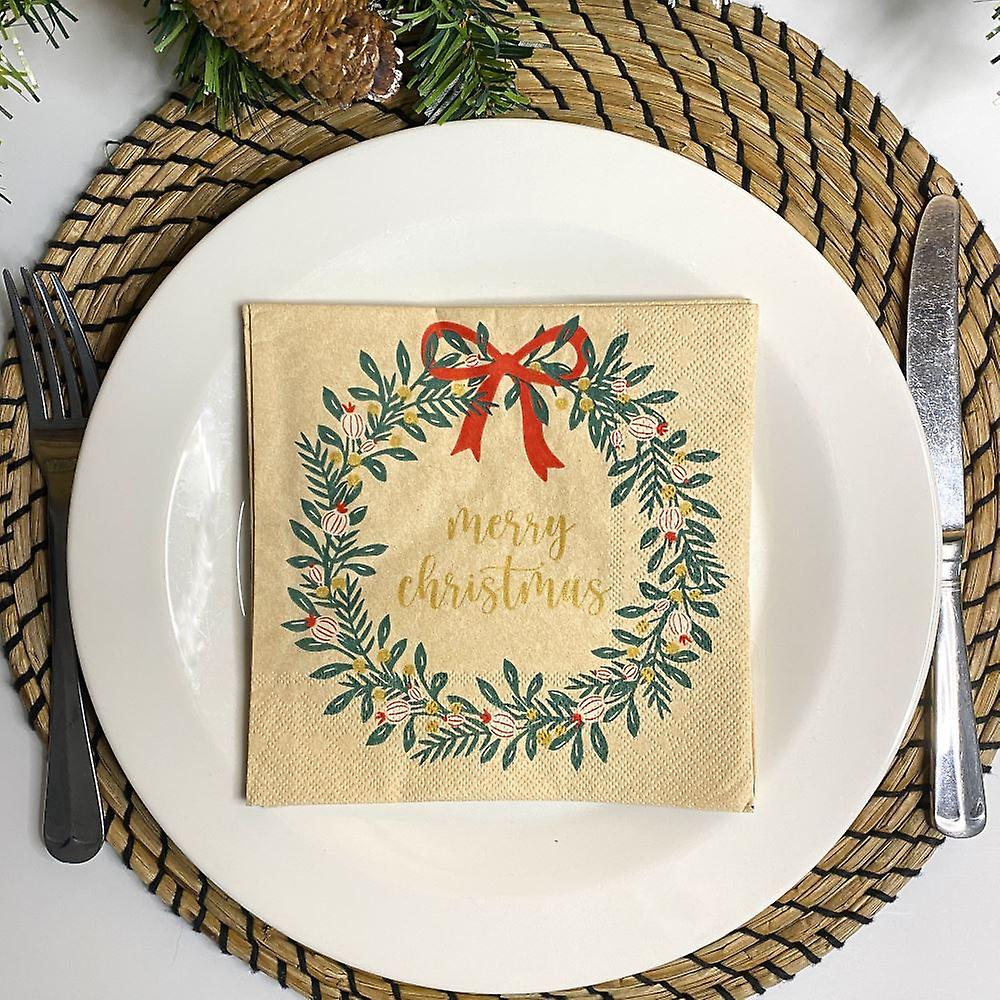 Merry Christmas Wreath Napkins | Rustic Paper Festive Table Decoration x 20