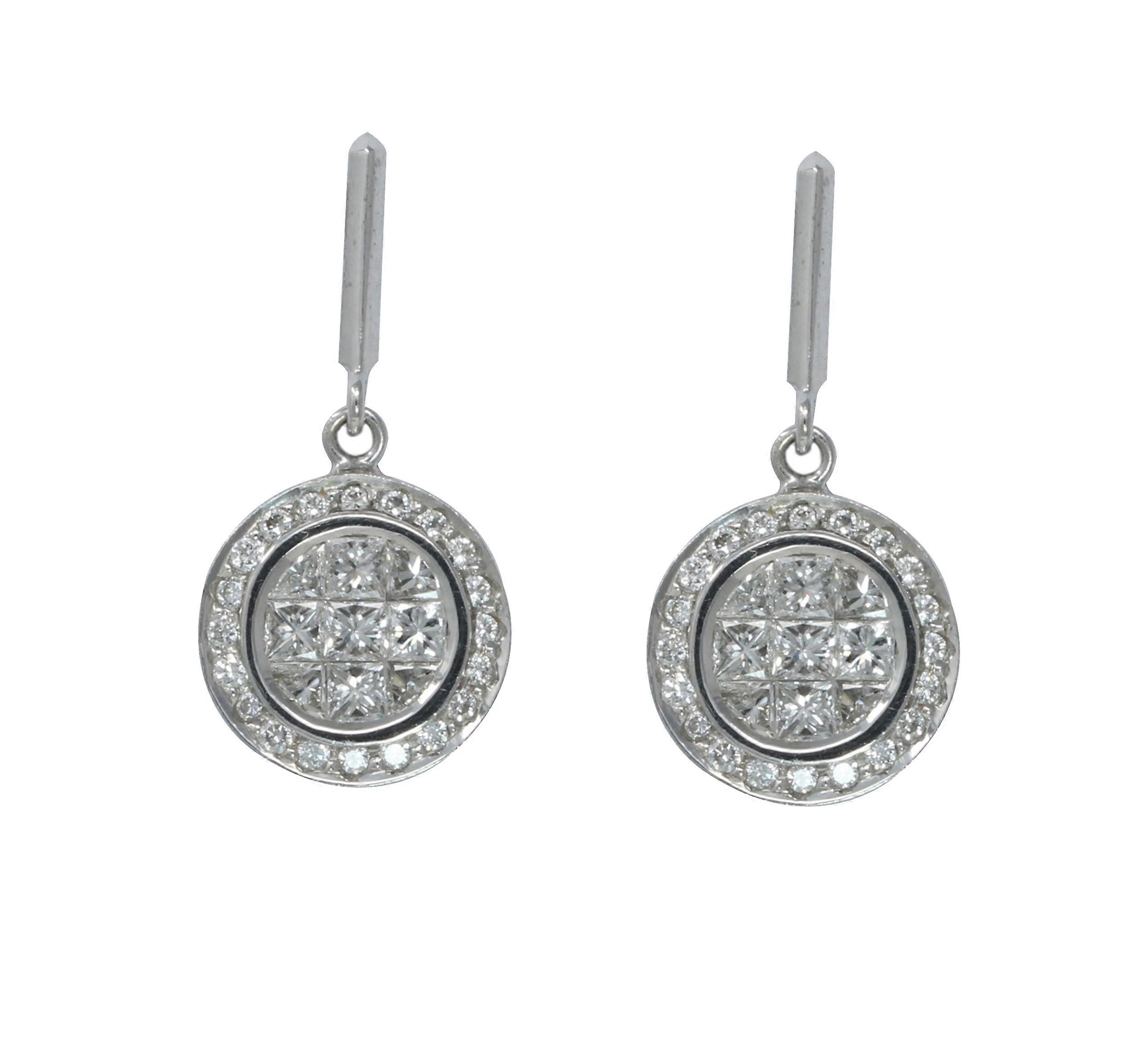 18k White Gold Princess & Round elegant circular modern classic Earrings with set bezel(1.6 ct, H, VS)