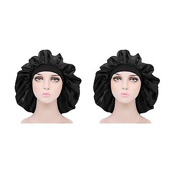 2pcs schlafende Kopfbedeckung Hut elastische breite Krempe atmungsaktive Satin Haarwickel Abdeckung Schwarz