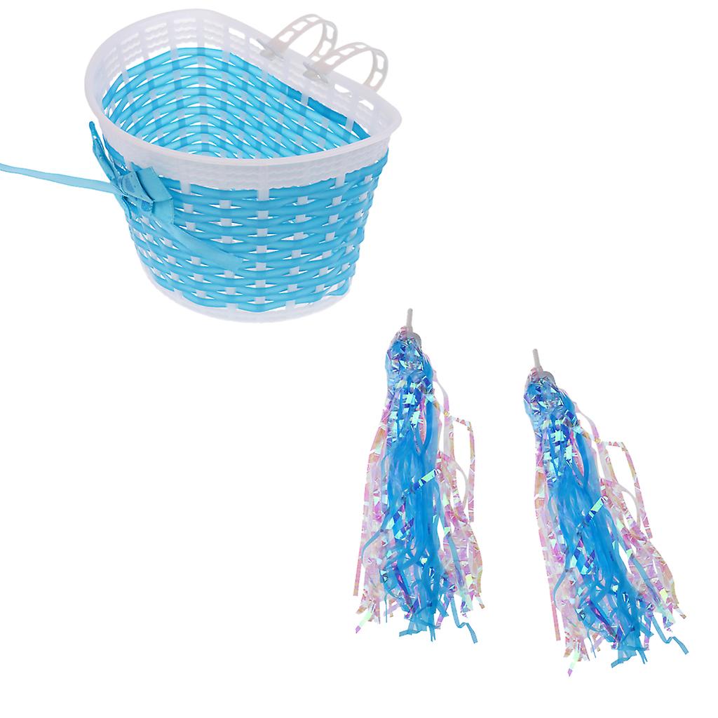 Bike Handlebar Sparkle Streamer Tassels + Front Basket Pouch Detachable Blue