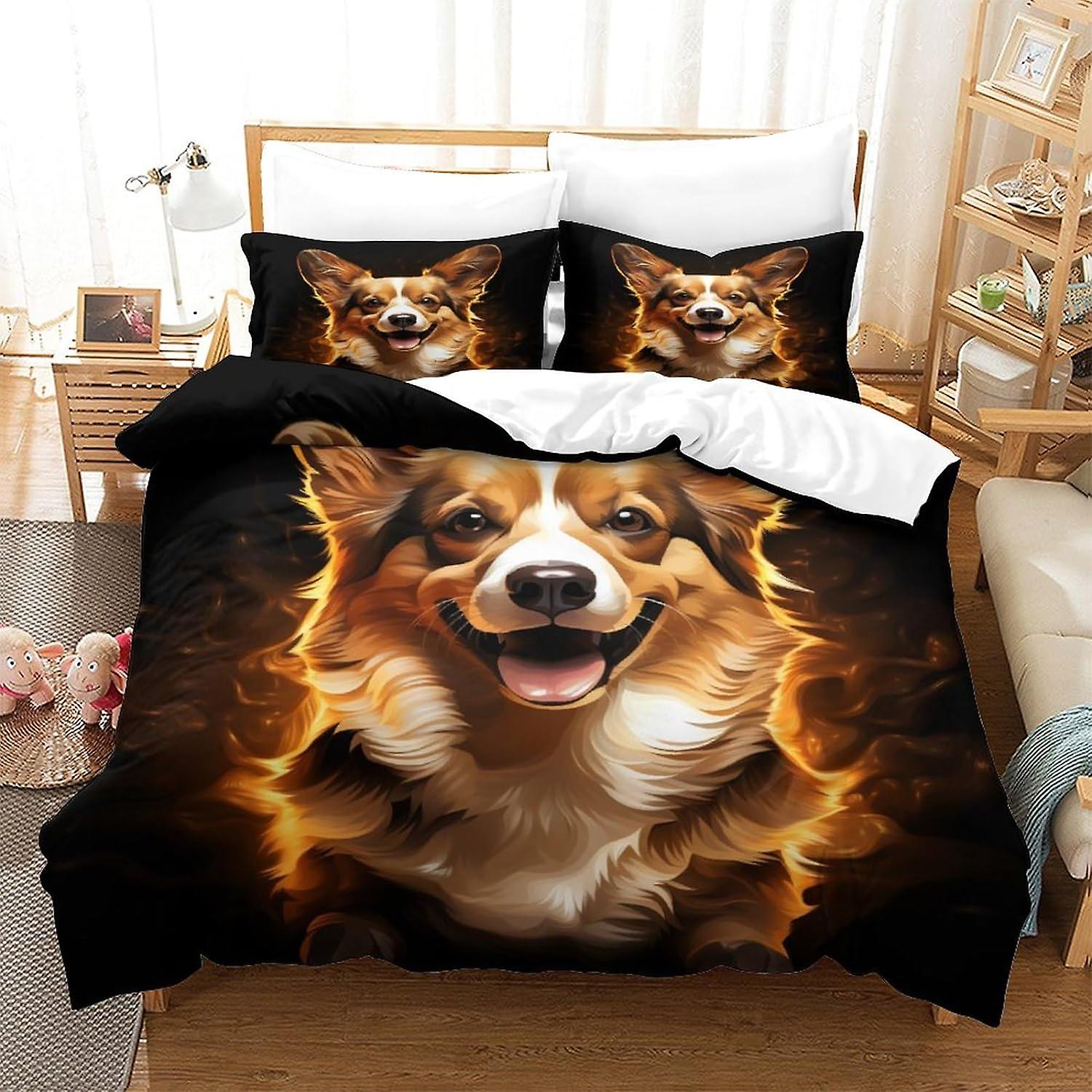 HOUKIG 3D Oil Painting Corgi Effect Children And Adults Printed Comforter Set with Pillowcases Comforter Bedding Set (3d Cute)