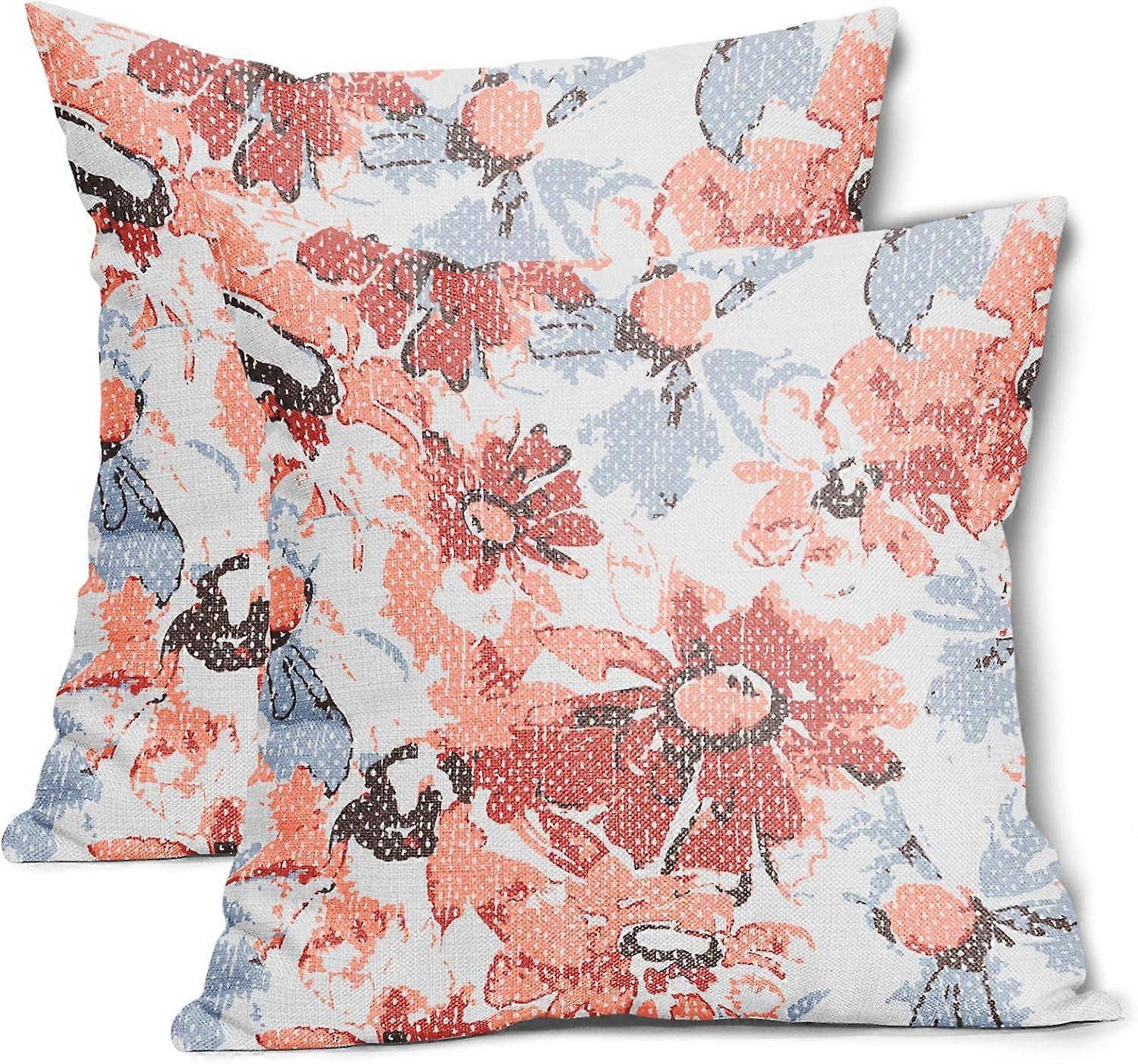 レッドグレーブルーデイジー枕カバー16x16インチヴィンテージ花農家の花コットンリネン装飾スロー枕カバークッションカバー2個セットベッド用