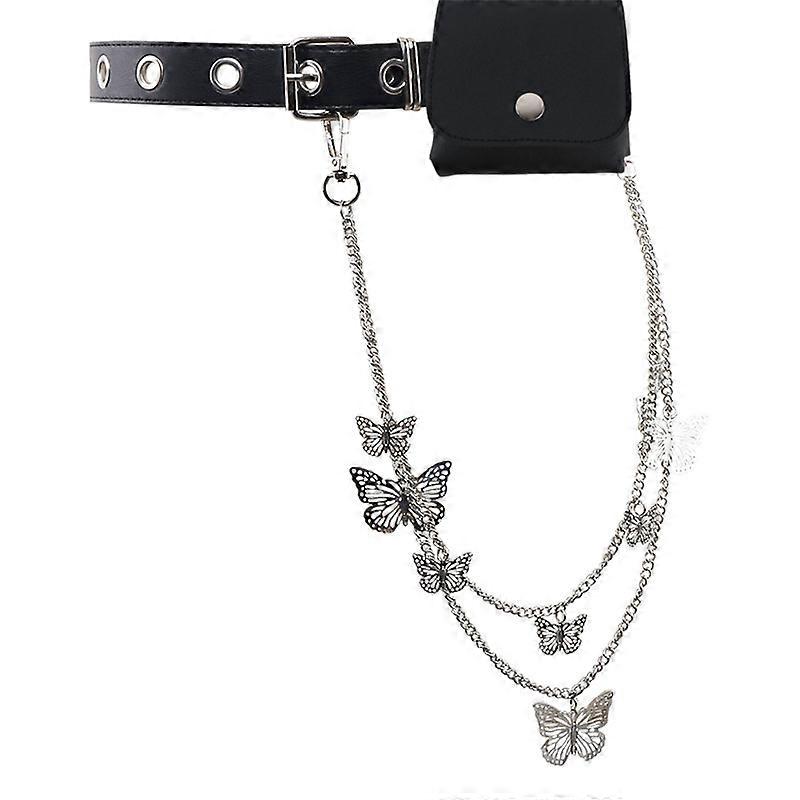 Grommet Leather Belt with Detachable Chain Women Men Punk Rock Waist Belts for Jeans Pants