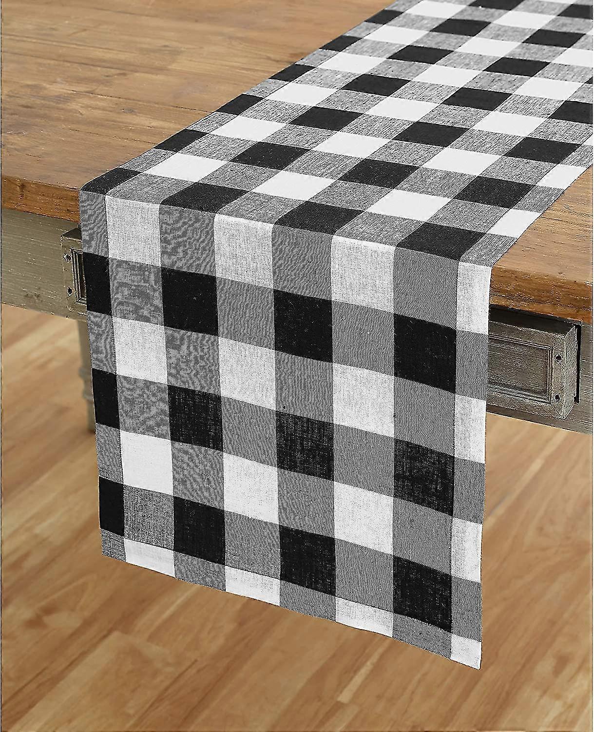 Tischläufer aus reinem Leinen mit Büffelkaro Schwarz-Weiß-Karos