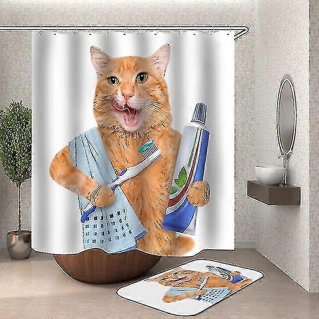Tenda Da Doccia Con Gatto E Dinosauro – Tessuto Impermeabile Con Onde Del Mare, Grigio
