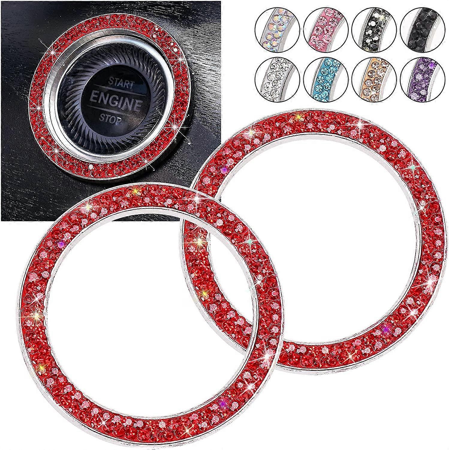 Push Start Button Bling Rings Auto Car Engine Start Stop Button Sticker Emblem, Rhinestone Bling Red Car Accessories Decor for Women Girl 2 Pcs,Red