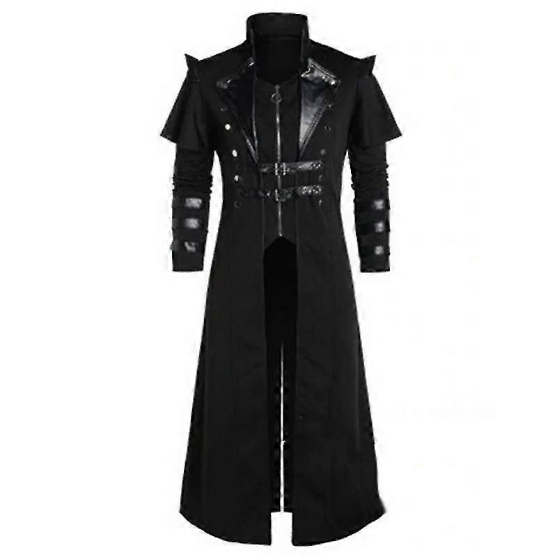 زيّ قراصنة قاتل من العصور الوسطى بتصميم ستيم بانك، بتصميم هالوين عتيق، للرجال البالغين، سترة سوداء طويلة منقسمة، معاطف جلدية مدرعة قوطية