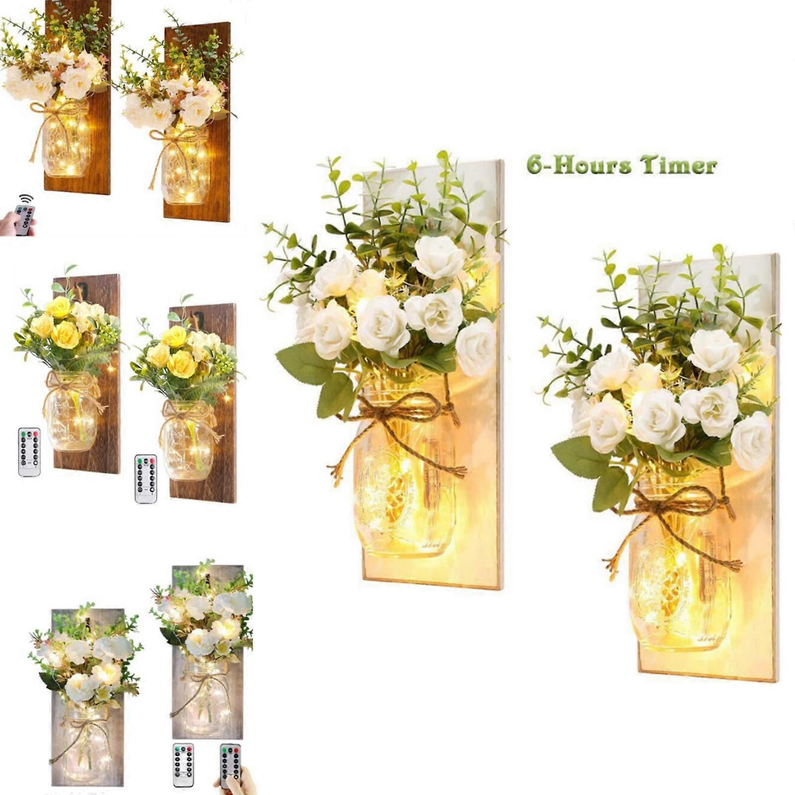 2pcs Rustic Wall Mason Jar Sconces Wall Art Hanging Design with Fairy Lights & remote