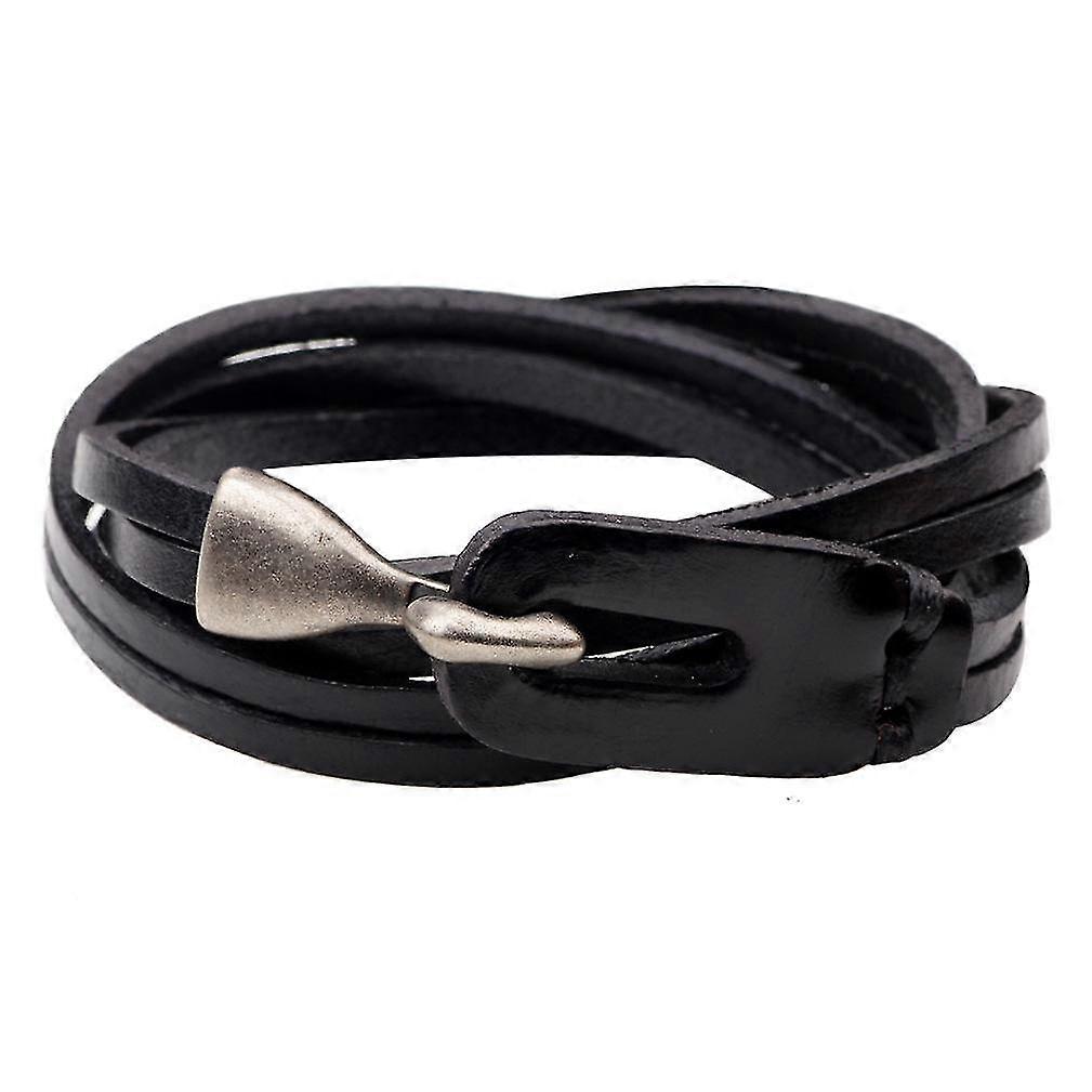 Multi-layer Black Leather Bracelet With Bronze Hook