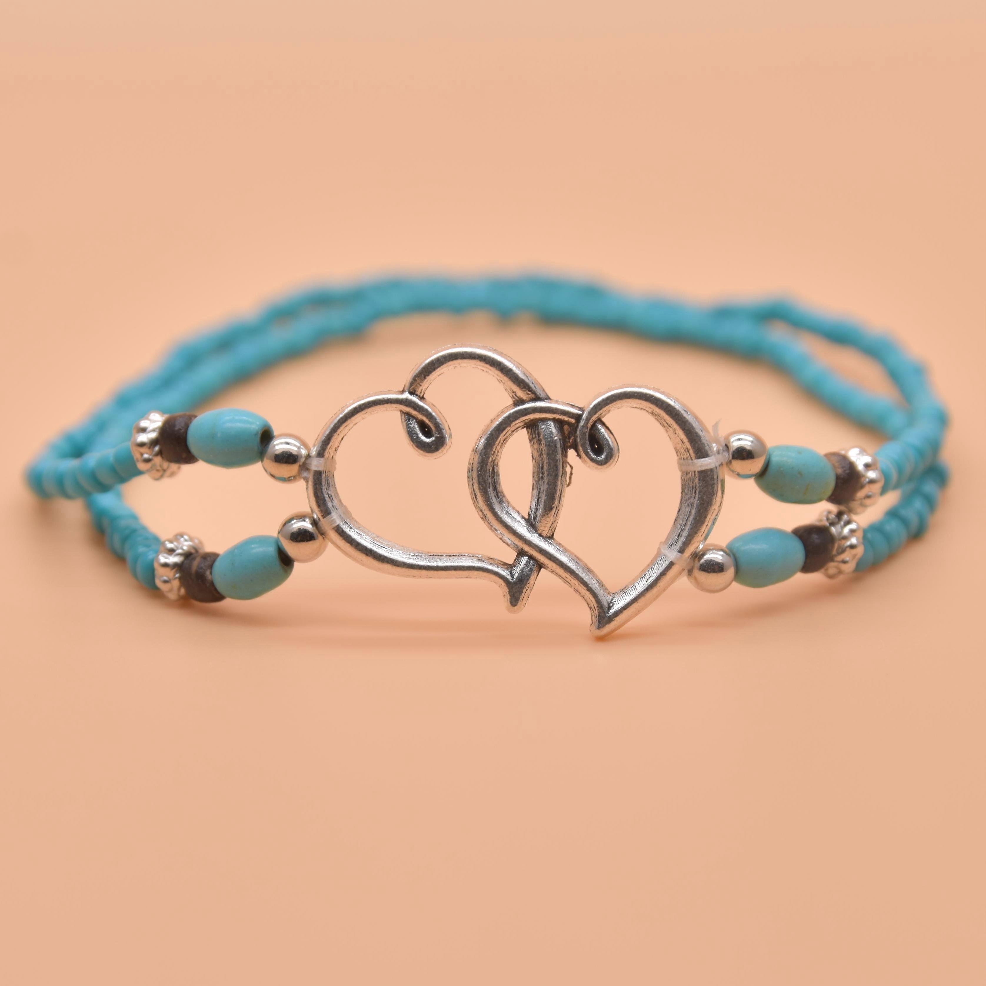 JUEGE* Women's Double Layer Rice Bead Heart Heart Anklet