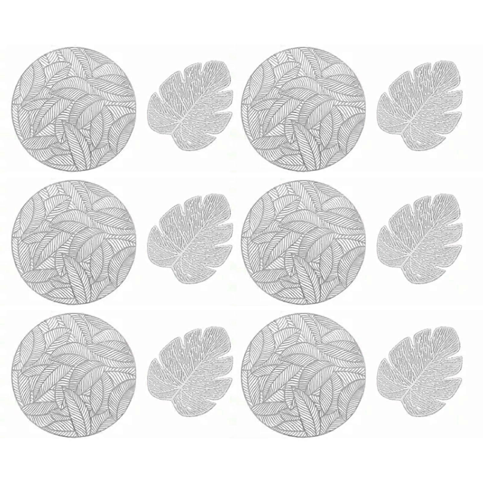 Placemats and Coasters Set Hollow Insulation 6 Pcs Round Dining Table Place Mats and 6 Pcs Leaf Shape Cup Coasters Silver