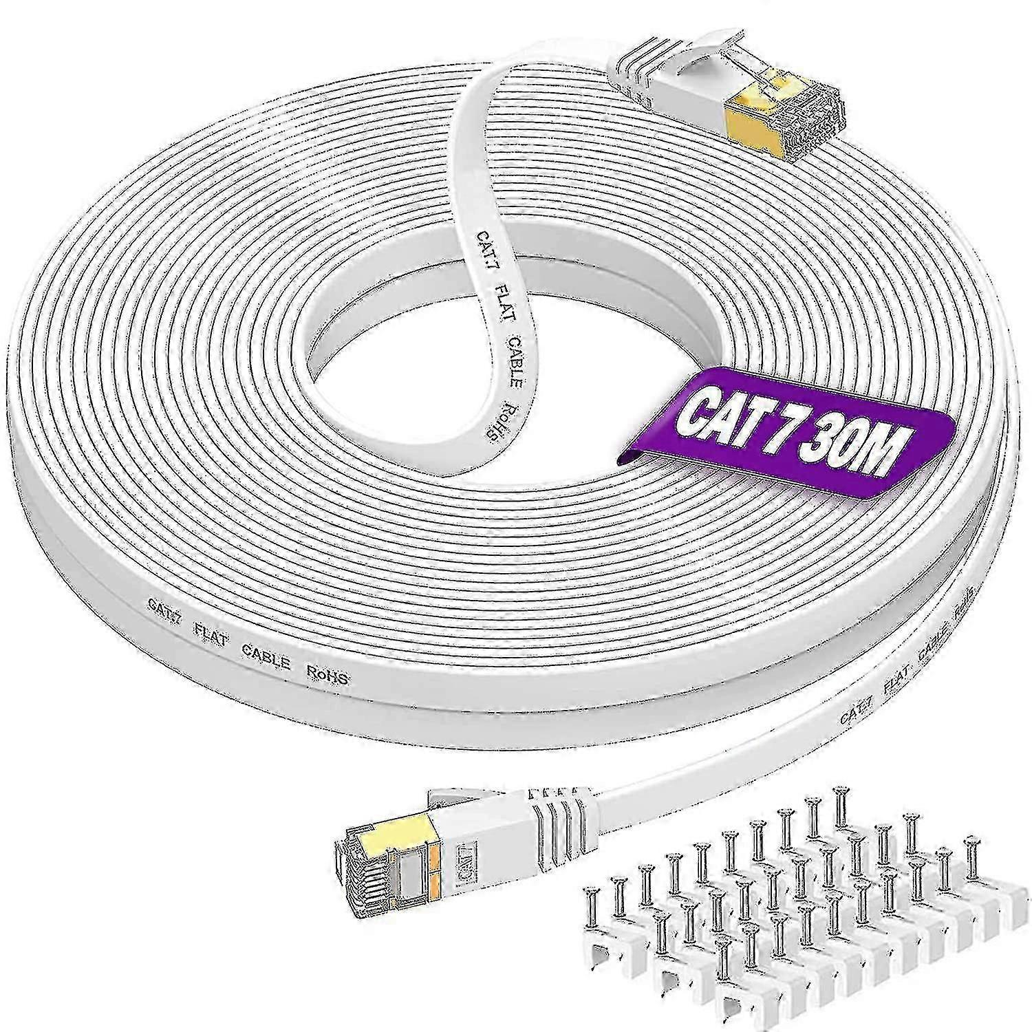 30m Cat 7 High Speed Flat Internet Cable, 10Gbps, 600MHz, RJ45, 100ft Shielded Lan Patch Cable for Networking