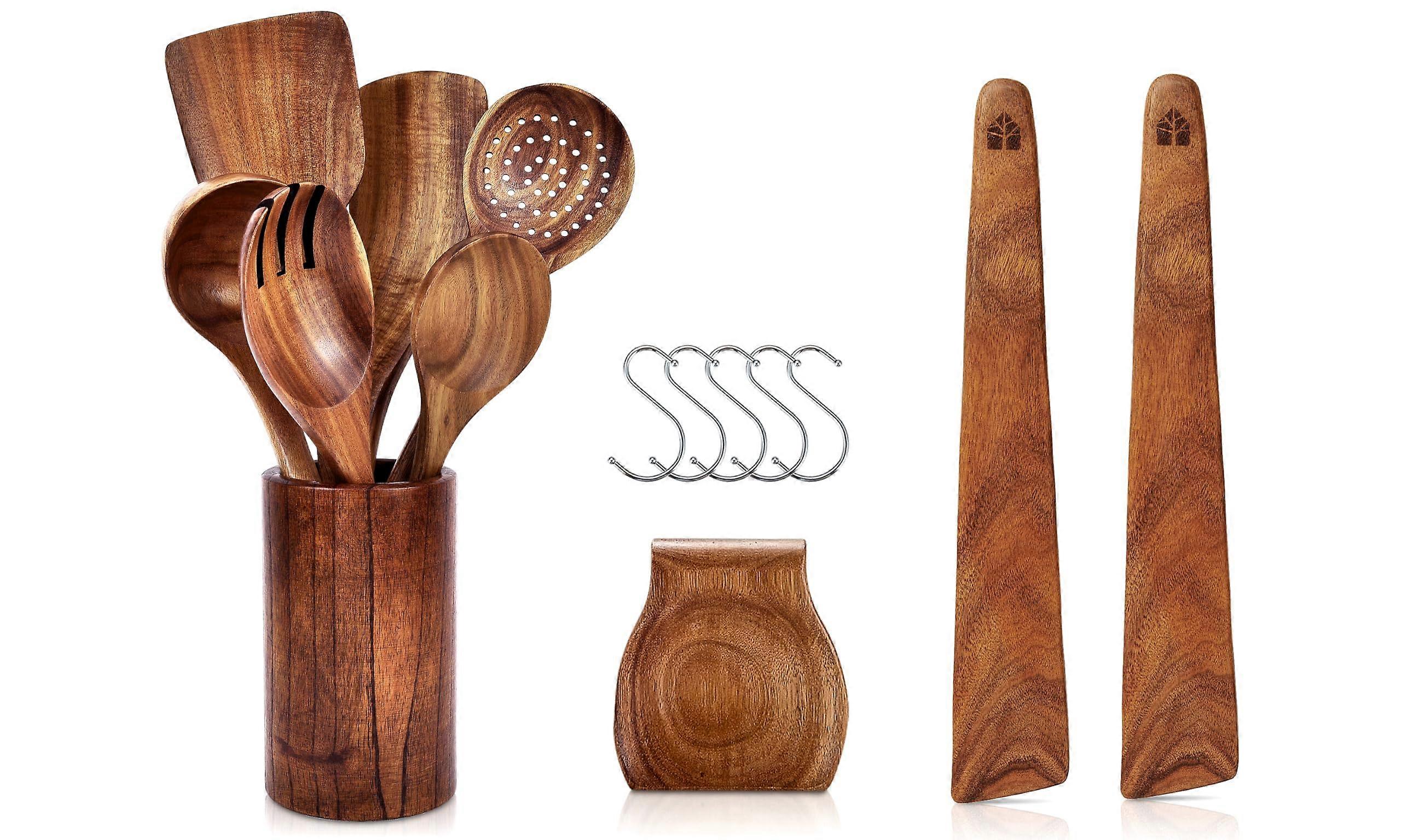 Wooden Utensil Set With Holder, Spoon Rest, And Hooks For Cooking And Serving - Solid Wood Kitchen Utensils