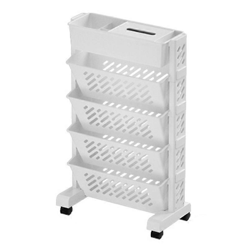5-Tier Plastic Book Shelf with Wheels Tissue Box Design Hollow Storage Trolley