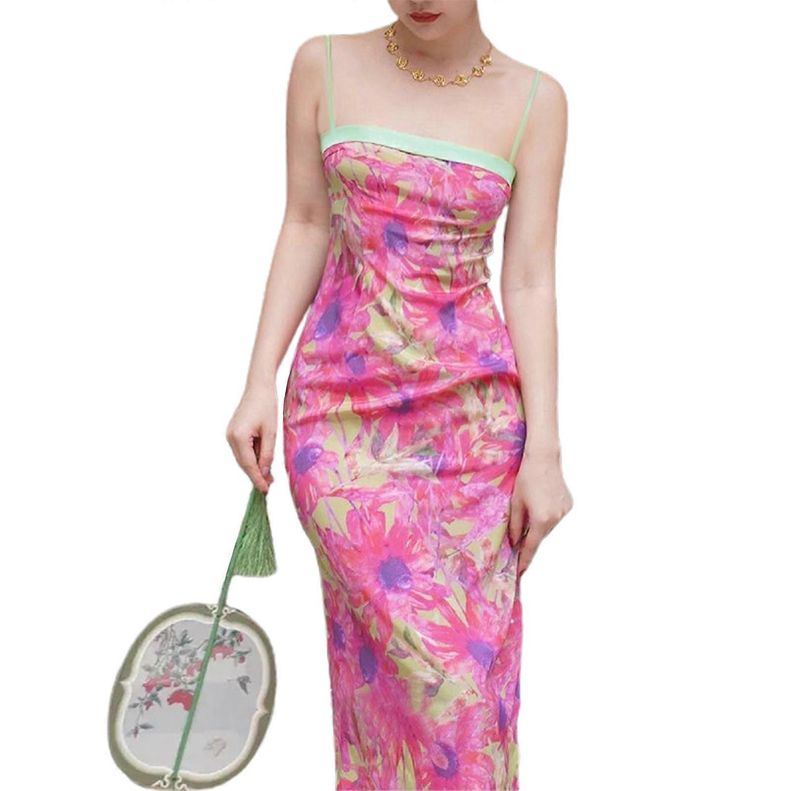 Womens Sexy Midi Dress Spaghetti Strap Floral Print Cami Dress Bodycon Summer Party Formal Sundress  Photo Color S