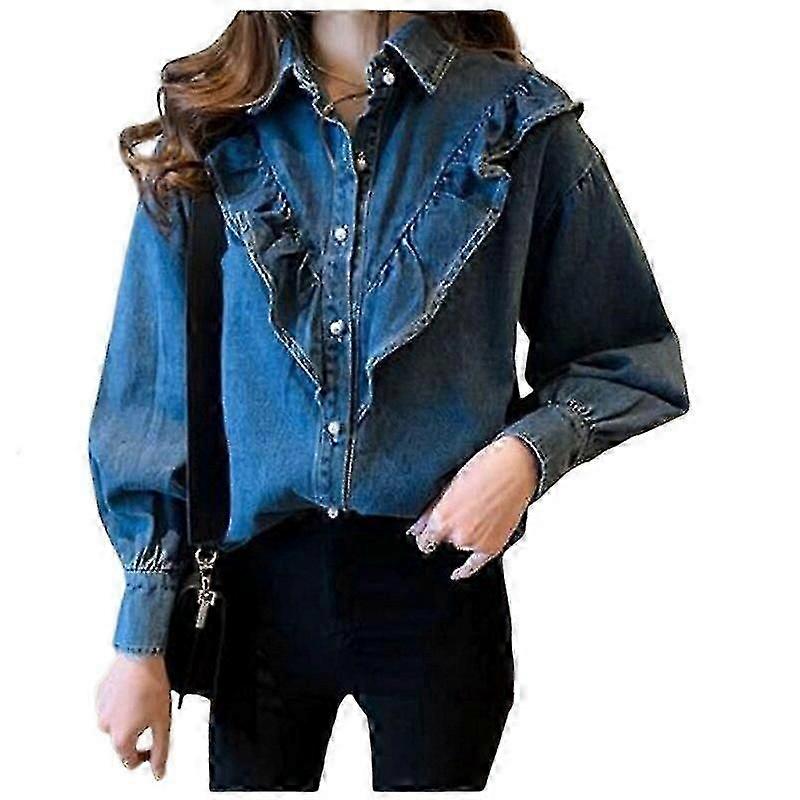 Ruffle Denim Bluse Kvinner Elegant lapel design Oversize skjorter Spring Topper Single-breasted Cowboy Blusas