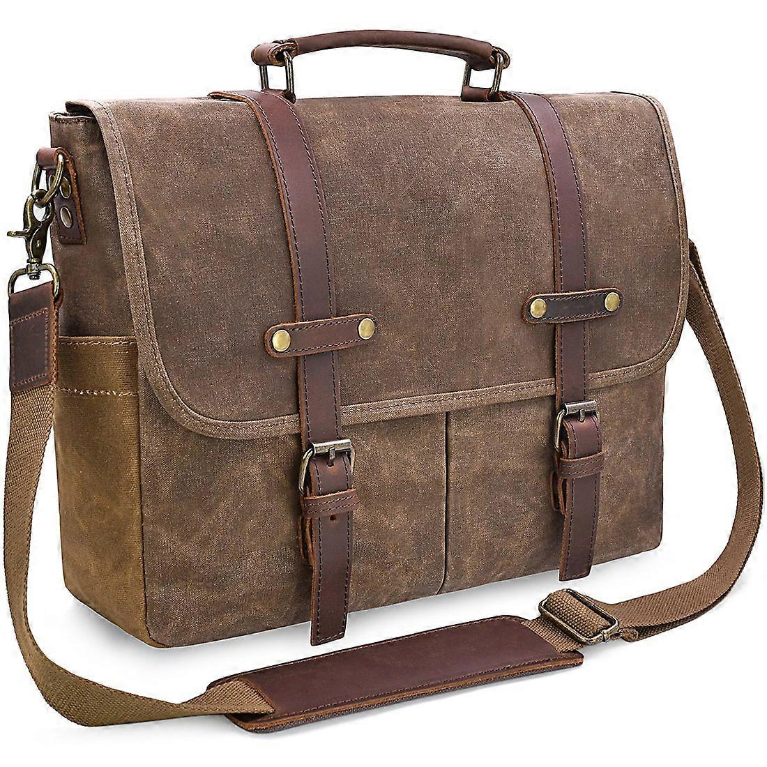Messenger Bag Vintage Leather Waxed Canvas Large Rugged Laptop Satchel 15.6 Inch Compatible with Computers