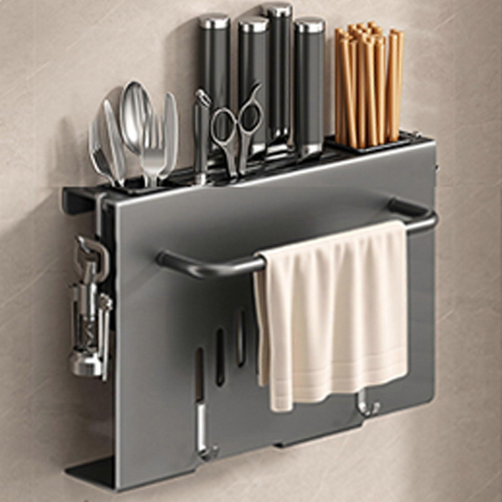 Wall Mount Utensil Holder,Kitchen Utensil Rack, Multi-use Hanging Storage Organizer Rack with Chopping Board Holder