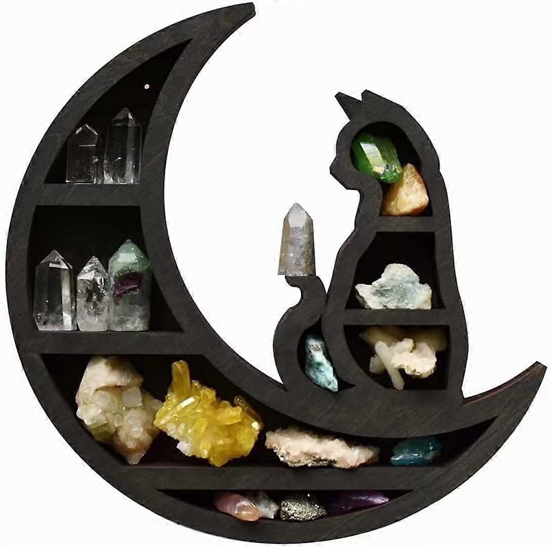Cat on The Moon Crystal Wood Shelf - Black Wall Mounted Floating Shelf for Gothic Witchy Room Decor and Crystal Display