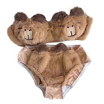 Women's 2Pcs Furry Bra and Panty Set Cute Capybara Embroidery Fuzzy Plush Wireless Underwear Japanese Anime Lingerie  apricot XL